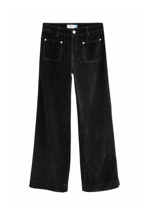 Black wide-leg corduroy pants with front pockets, silver button closure, and contrast stitching. Soft texture and loose fit throughout.