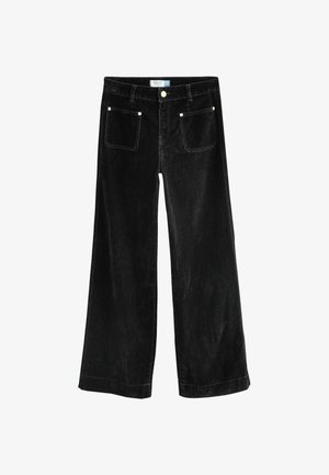 Schwarze weit geschnittene Cordhosen mit Fronttaschen, silberner Knopfverschluss und kontrastierenden Nähten. Weiche Textur und lockerer Schnitt über die gesamte Hose.
