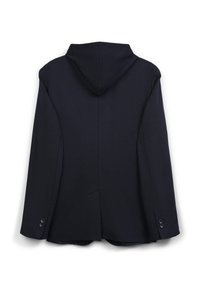 Helleblauer Kapuzenjacke mit strukturiertem Design, Rückenbelüftung und geknöpften Manschetten. Der Stoff wirkt glatt und ohne sichtbare Muster oder Verzierungen.