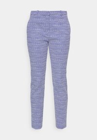 Modré a bílé vzorované kalhoty, s úzkým střihem, úzkými nohavicemi a hladkou strukturou, s páskem a bez viditelných zapínání.