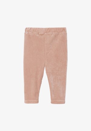 Rosa Corduroy-Leggings mit einem elastischen Bund. Vertikale Ripptextur, schmaler Schnitt und gestaffelte Säume sorgen für ein elegantes Finish.