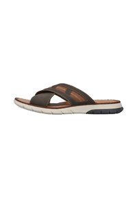 Brown slide sandals with cross-strap design, featuring a textured upper, padded insole, and a thick white and black rubber sole.