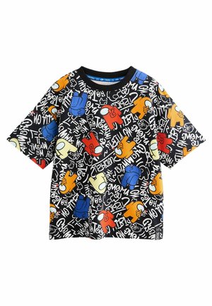 Tricou negru cu mânecă scurtă, având un imprimeu grafic colorat cu personaje și text, cu guler rotund și croială lejeră.