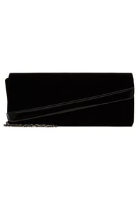 Pochette rectangulaire noire avec garniture diagonale en cuir verni et une fine chaîne argentée sur fond blanc.