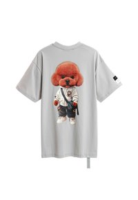 Camiseta gris de manga corta que presenta una ilustración de un perro peludo rojo con un atuendo blanco y pantalones grises, con acentos de zapatillas.
