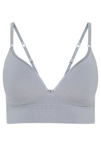 Ljusgrå bh med V-format urringning, tunna justerbara band och sömlös design. Tillverkad av mjukt, elastiskt tyg.