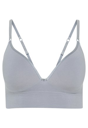 Hellgrauer BH mit V-Ausschnitt, dünnen verstellbaren Trägern und nahtlosem Design. Hergestellt aus weichem, dehnbarem Stoff.