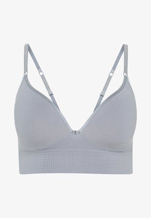 Soutien-gorge gris clair avec un décolleté en V, des fines bretelles réglables et un design sans coutures. Fabriqué en tissu doux et extensible.