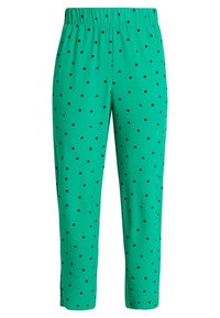 Green pants with an elastic waistband, featuring a pattern of black dots and triangles. Material appears smooth with a lightweight texture.