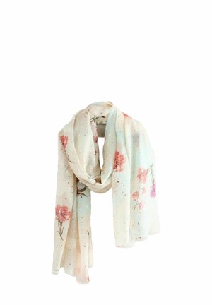 Lightweight scarf in soft blue and cream, featuring pink floral patterns and subtle gold specks. Flowing, sheer fabric with delicate texture.