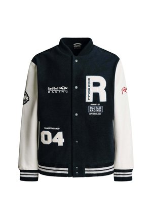 Navy and white varsity jacket made of wool and leather, featuring embroidered logos, ribbed cuffs, and a striped hem. Number "04" displayed.