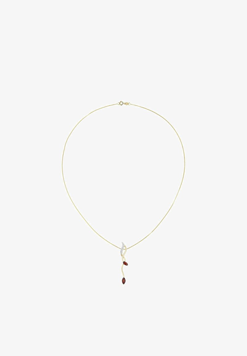 Collar de oro con una cadena delgada, que presenta un diseño de colgante retorcido con dos acentos de piedras preciosas rojas y un pequeño detalle plateado.