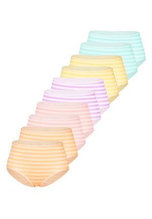 Nine pairs of high-waist striped women’s underwear in pastel colors arranged diagonally against white background.