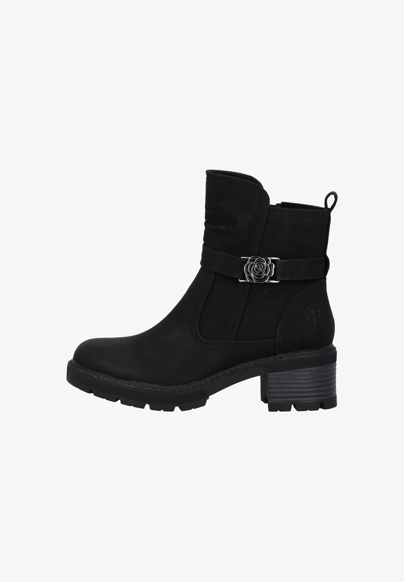 Botte noire en cuir mi-mollet avec un petit talon empilé, une fermeture éclair latérale, une sangle décorative et une boucle en métal en forme de rose.