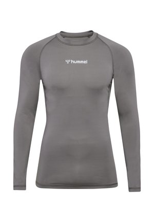 Langærmet træningsshirt i gråt stof med en tætsiddende pasform, rund halsudskæring og hvidt "hummel"-logo på fronten. Glat tekstur.