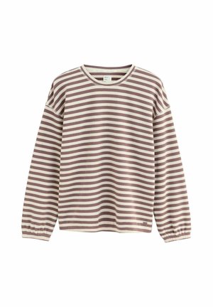 Bluzka z długim rękawem z materiału prążkowanego, z szerokimi poziomymi paskami w stonowanej purpurze i kremie. Okrągły dekolt i elastyczne mankiety.