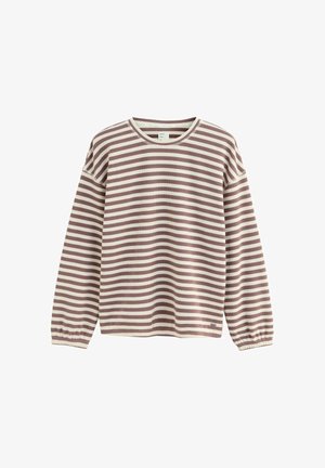 Bluzka z długim rękawem z materiału prążkowanego, z szerokimi poziomymi paskami w stonowanej purpurze i kremie. Okrągły dekolt i elastyczne mankiety.