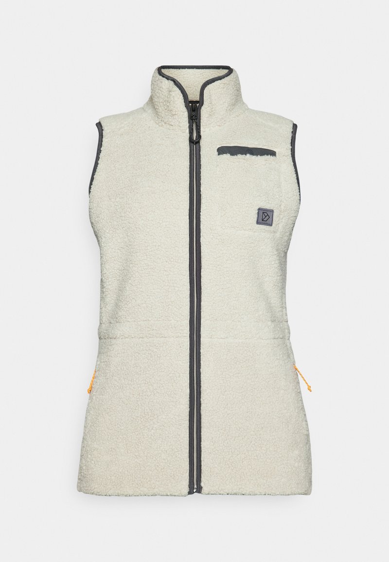 Fleece-Weste in Off-White mit grauem Besatz, Frontreißverschluss und einer Brusttasche. Verfügt über einen verstellbaren Kordelzug in der Taille und strukturierten Stoff.