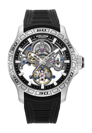 Reloj de pulsera automático Police con esfera esqueletizada, correa de goma negra, bisel plateado marcado en decenas y engranajes visibles en plata, oro y azul.