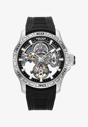 Skeleton urskive Police automatisk armbåndsur med sort gummirem, sølv bezel markeret i tiere og synlige gear i sølv, guld og blå.
