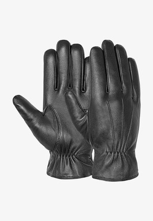 Black leather gloves with five fingers, smooth texture, gathered cuff, and decorative seam detailing along the fingers for a fitted design.