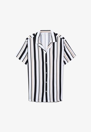 Koszula z krótkim rękawem zapinana na guziki, cechująca się pionowymi czarnymi, białymi i beżowymi paskami, z luźnym kołnierzem i gładką teksturą materiału.