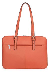 Borsa a tracolla arancione in pelle con due manici lunghi, una chiusura zip e una tasca frontale. Superficie texturizzata con cuciture visibili e hardware in metallo.