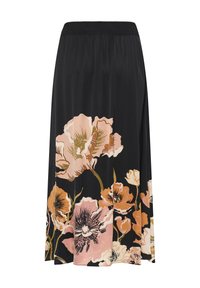 Jupe midi noire avec taille élastique comportant de grands imprimés floraux roses, orange et crème sur la moitié inférieure.