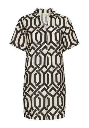 Mustvalge lühikeste varrukatega särgikleit, millel on geomeetriline muster, kaelus ja nööbiga esiosa. Puuvilla segu kangas.