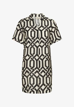 Czarna i biała sukienka koszulowa z krótkim rękawem, zdobiona geometrycznym wzorem, z kołnierzykiem i zapięciem na guziki. Tkanina z mieszanki bawełny.