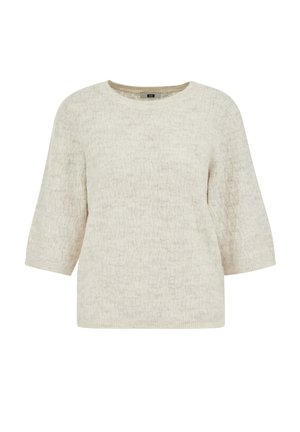 Trui in roomkleur met een gestructureerd breipatroon, brede boothals en driekwartmouwen. Zacht, lichtgewicht stof.