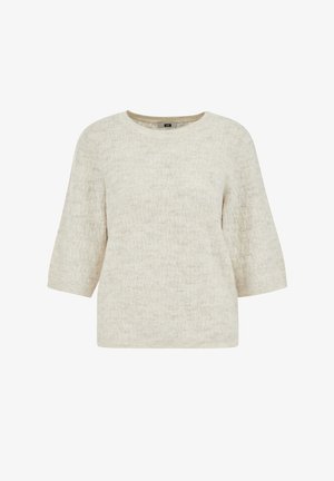 Kreemikas kampsun tekstuurse kudumismustriga, lai paadikaelus ja kolmveerandvarrukatega. Pehme, kerge kangas.