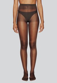 Collants transparents marron avec une taille haute et un détail de bande. Texture lisse, s'étendant jusqu'au milieu du mollet, avec un design transparent.