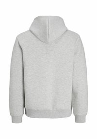 Grauer Kapuzenpullover aus strukturiertem Material, mit Kapuze, langen Ärmeln und geripptem Saum. Einfaches Design ohne zusätzliche Muster oder Akzente.