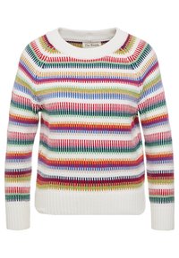 Suéter de punto multicolor con rayas horizontales en rojo, verde, azul, amarillo y blanco. Puños y dobladillo acanalados; cuello redondo.
