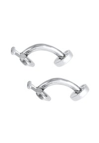 Ett par glänsande silverfärgade metalhandtag med en böjd design, som har cirkulära monteringsplattor och en pivotmekanism för enkelt grepp.