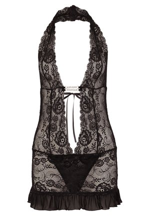 Schwarze Spitzenunterwäsche mit tiefem V-Ausschnitt, Haltertop, floralem Muster, satinierten Akzenten und einem Rüschensaum. Mit einer Bindeschleife auf der Rückseite.