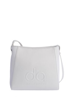 Bolso de hombro blanco con el logo en relieve "da don algodon", forma rectangular y correa ajustable.