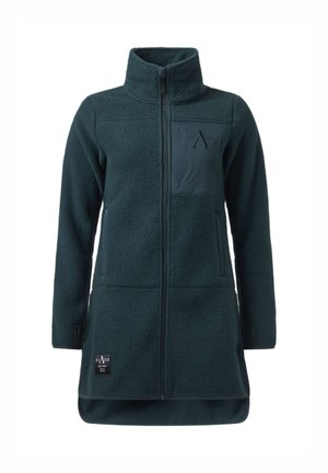 Veste longue en polaire vert foncé avec fermeture éclair complète à l'avant, col montant, deux poches latérales zippées, poche poitrine et écussons de marque.