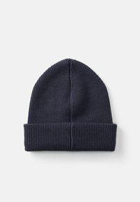 Dark navy knitted beanie, featuring a ribbed texture and a folded cuff. Classic beanie shape with seamless top.