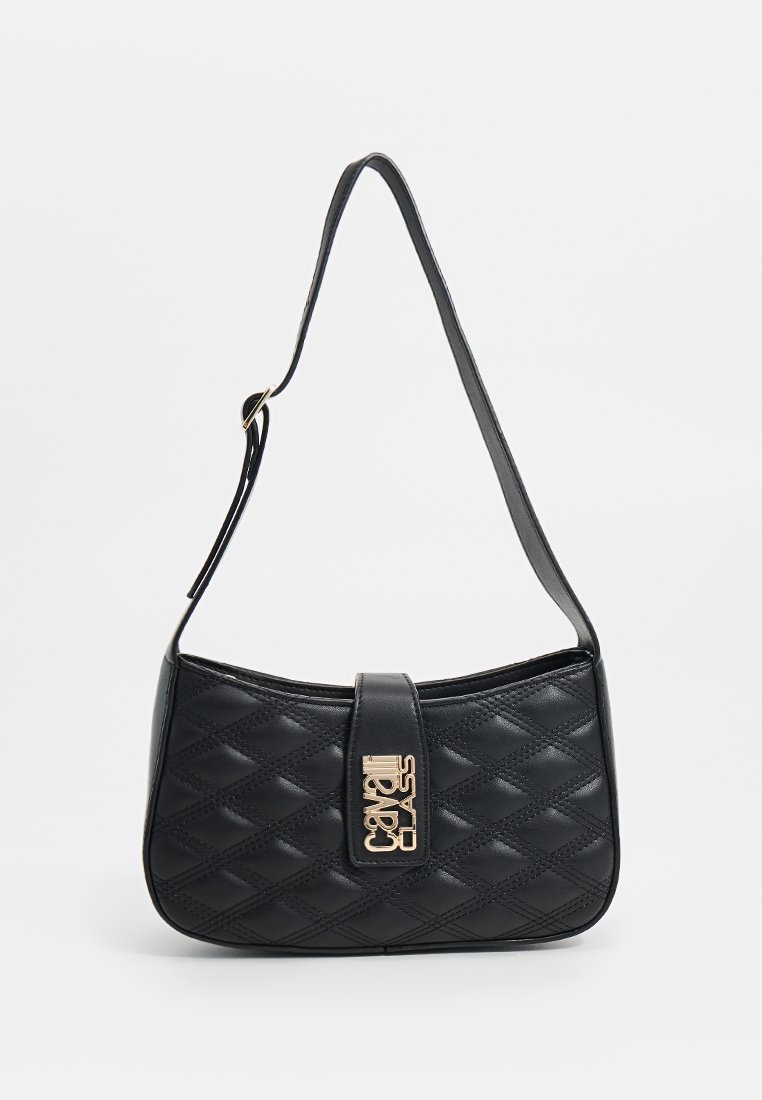 Borsa a tracolla nera trapuntata con una texture liscia, forma arrotondata, chiusura con gancio dorato e tracolla regolabile.