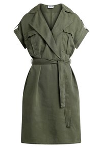 Abito utility verde oliva con maniche corte arrotolate, vita con cintura, due tasche frontali e colletto. Realizzato in tessuto morbido e liscio.