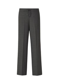 Pantalon gris foncé droit avec taille à cordon et plis discrets sur le devant, présenté sur fond blanc.