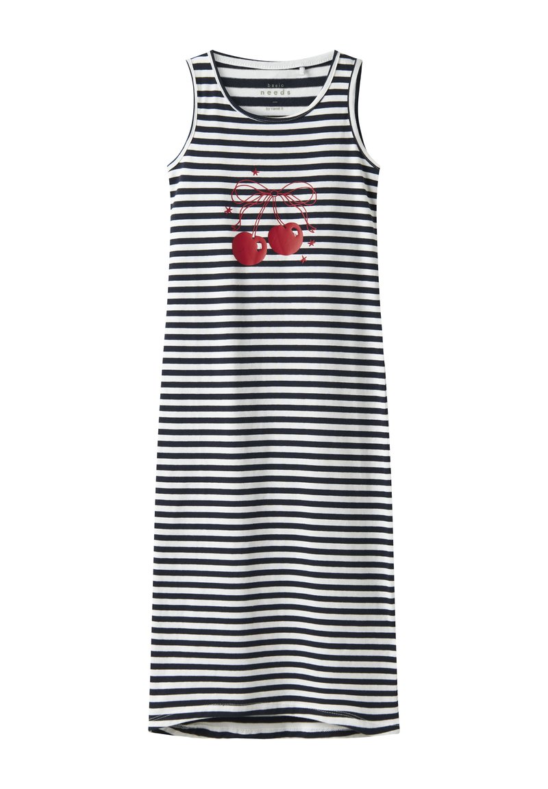 Vestido sin mangas a rayas con franjas marinas y blancas, con un diseño gráfico de cereza roja en el centro. Tejido suave y ligero.