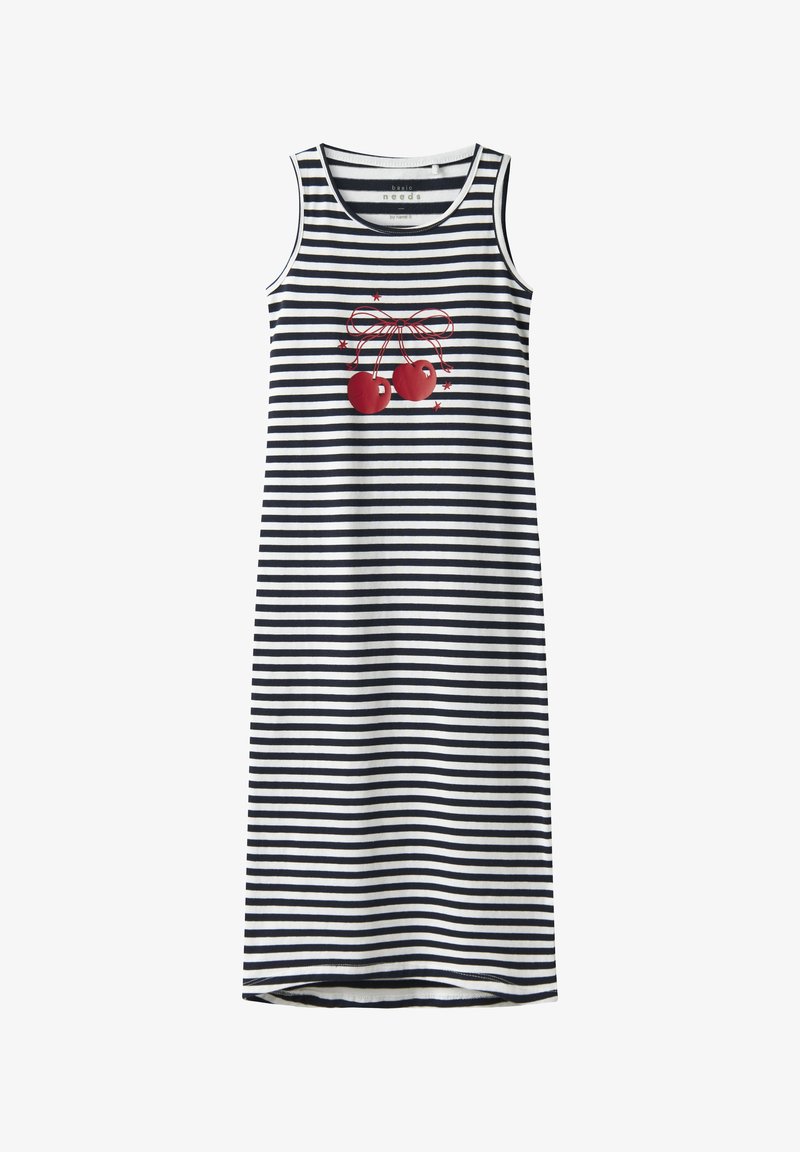 Vestido sin mangas a rayas con franjas marinas y blancas, con un diseño gráfico de cereza roja en el centro. Tejido suave y ligero.