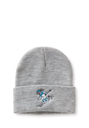 Bonnet en tricot gris avec revers, orné d'un lapin dessiné en train de skier, vêtu d'un équipement d'hiver bleu.