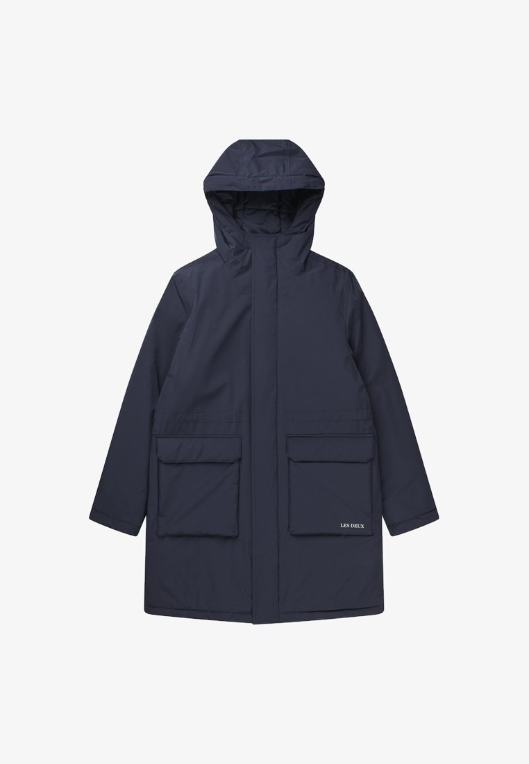 Navy hooded coat featuring a straight cut, two front patch pockets, and a subtle logo on the lower left side. Smooth fabric texture.