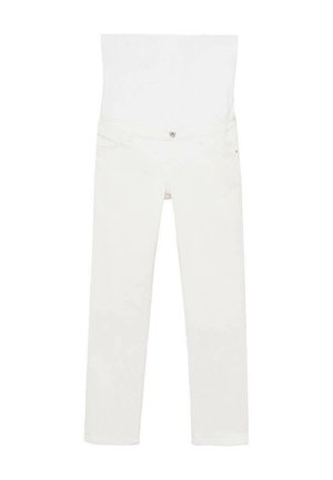 White jeans with a stretchy waistband, five pockets, front button closure, slim fit, and smooth fabric texture.