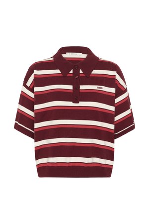 Πόλο πουκάμισο με ρίγες σε μπορντό και άσπρο, με γιακά, κοντά μανίκια και κουμπιά στο μπροστινό μέρος, που φέρει μικρό λογότυπο στο στήθος.