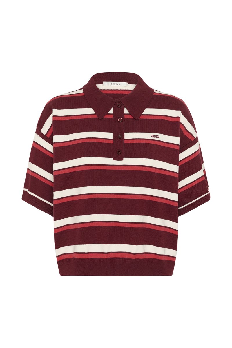 Polo rayé grenat et blanc avec col, manches courtes et patte de boutonnage, arborant un petit logo sur la poitrine.